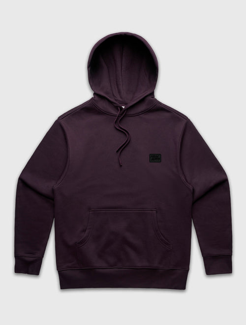 Dark purple hoodie with a small logo on the chest against a light gray background