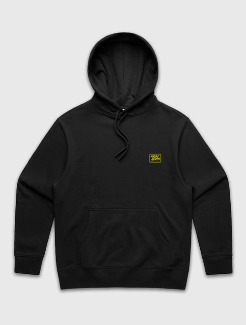 Black hoodie with a yellow logo on a light gray background